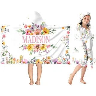 SearchI Kinder Strandtuch Poncho Personalisierte, Leicht Schnell Trocknende Mikrofaser Bademantel Badeponcho Ultra Weich und Saugfähig Handtuch mit Kapuze für Mädchen Jungen Teenager (Blume)