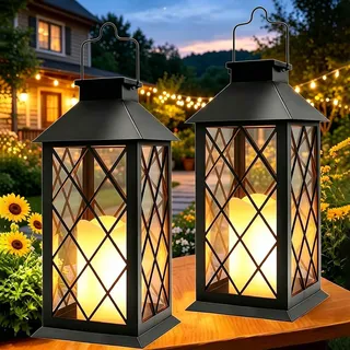Joycome Solarlaterne für Außen, 2 Stück Solarlampen für Außen Hängend mit Flackernde Kerzen, Solar Laternen Outdoor, Wetterfest Laternen für Draußen Garten Balkon Tisch Grab Terrasse Deko - Schwarz