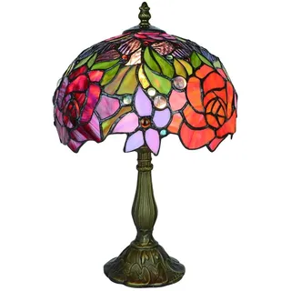 Tokira Tiffany-Stil Tischlampe, Glasmalerei 10 Zoll Rote Rose Blume Nachtlicht, Vintage Europen Schreibtischlampen Nacht Schlafzimmer für Wohnzimmer, [Ohne Glühbirnen]