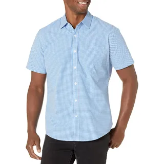 Amazon Essentials Herren Kurzärmeliges Hemd aus Popeline, Normale Passform, Blau Vichy-Muster, XS