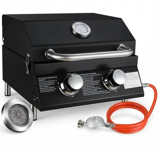 TLSUNNY 2 Brenner Gasgrill Klein, Tragbarer Tischgasgrill Kompakt mit Emaillierter Grillrost, Thermometer, Camping Gasgrill für BBQ, Balkon, Garten, 4.4kW, 42x33 cm Grillfläche, 4 PCS Füße, Schwarz