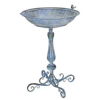 Casa Padrino Jugendstil Vogeltränke mit 2 dekorativen Vögelchen Antik Blau 56 x 49 x H. 74 cm - Rundes Metall Vogelbad - Garten Accessoires - Barock & Jugendstil Garten Deko