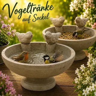 Vogeltränke mit 2 Vögeln auf Sockel Vogel Bad Tränke Garten Terrasse Balkon Futterstelle Bienen Zement rund Ø26cm