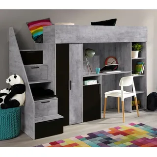 Kinderbett KON14, mit Schreibtisch, Kleiderschrank,Schubladen und Regale. Treppe beidseitig montierbar. Farbe Betonoptik/Schwarz