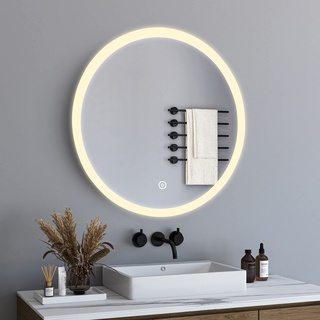 BD-Baode Badspiegel mit Beleuchtung, 60x60 cm Runder Badezimmerspiegel mit Touch Schalter,LED Badspiegel Lichtspiegel,3 Lichtfarbe,Einstellbare Helligkeit, 3000-6500K