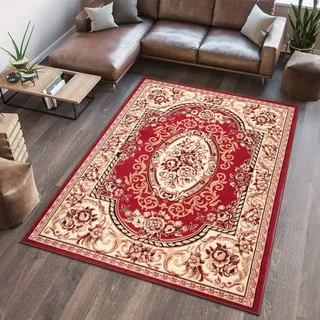 TAPISO Atlas Teppich Kurzflor Rot Creme Beige Traditionell Orientalisch Mäander Orient Design Floral Muster Wohnzimmer Schlafzimmer ÖKOTEX 250 x 300 cm