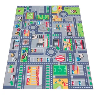 Paco Home Kinderteppich Bino 576, rechteckig, Höhe: 4 mm, Kurzflor, Straßen-Spiel-Teppich, Kinderzimmer grau 80 cm x 150 cm x 4 mm