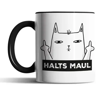 Tasse Halts Maul – Lustige Statement-Tasse mit frecher Katze & Mittelfinger (Schwarz)