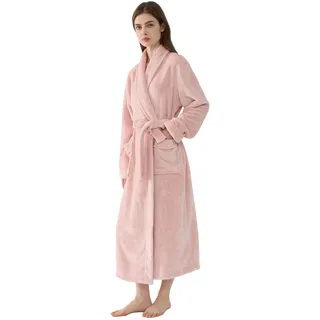 Joyaria Damen Flauschiges Fleece Bademantel/Morgenmantel/Saunamantel Lang mit Schalkragen Komfortable Voller Länge Übergröße(Rosa,XL) - XL