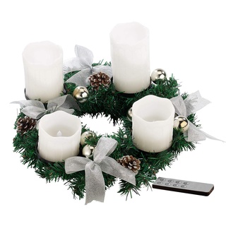 Britesta Adventsgesteck: Adventskranz mit weißen LED-Kerzen, silbern geschmückt (Weihnachtskranz mit Kerzen, Weihnachtskranz mit LED-Kerzen, Kabellose Weihnachtskerzen)
