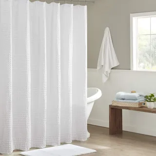 Madison Park Arlo Duschvorhang aus 100% Baumwolle, Waffelmuster, 800 g/m2, Hotelqualität, weich, trendiges Badezimmer-Dekor, maschinenwaschbar, Badewannenstoff, Sichtschutz, 182,9 x 182,9 cm, Weiß