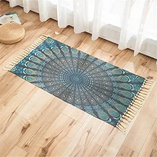 Morbuy Baumwoll Teppiche mit Quasten, Indischer Stil Mandala Bedruckte Gewebte Teppich Waschbar Teppich Läufer Ideal für Wohnzimmer, Terrassen, Schlafzimmer (60x110cm,Pfauenblau)