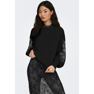 Sweatshirt ONLY "ONLBROOKE L/S O-NECK DETAIL SWT NOOS", Damen, Gr. S, schwarz (schwarz detail:ecru magnolia), Sweatware, Obermaterial: 60% Baumwolle, 40% Polyester, regular fit normal, Rundhals, Rippbündchen, Sweatshirts Sweatshirt