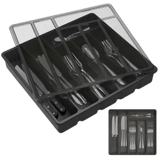 PFCTART Besteckkasten Schwarz Besteckkasten mit Deckel 6 Fächer (Set, 1 St., Besteckkasten für Schubladen aus Kunststoff für Löffel, Gabeln), Besteckaufbewahrung für Küchenschublade und Arbeitsplatte schwarz