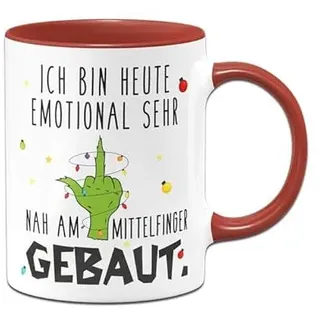 Tassenbrennerei Grinch Tasse - Ich bin heute emotional sehr nah am gebaut - Weihnachtstasse lustig mit Spruch - Kaffeetasse Anti Weihnachten (Rot)