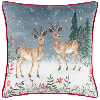 furn. Ditsy Reindeer Kissenbezug (Mehrfarbig - 45x45cm) | Weihnachten Rentier Schneefall Bäume Winterliche Blumenszene Bestickte Sterne Festliche Hülle