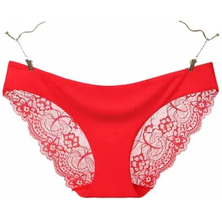SHTGOI 2 Stück Damen Unterwäsche Spitze Schlüpfer Seamless Unterhosen Sexy Slips Hipster Ice Silk Atmungsaktive Panties String Tanga Bikini Shorts Nahtlose Low Rise Unterkleidung M Rot