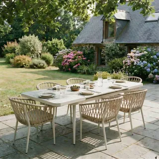 Gartenmöbel Set SUNNY mit 1 ausziehbaren Esstisch und 6 Stühlen, Esstisch Gestell aus Alu in weiß, Seilbespannung der Stühle in beige, Essgrupp... - Weiß