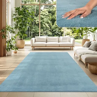 TT Home Wohnzimmer Teppich Kurzflor Anti-Rutsch Rückseite Unifarben Modern Waschbar, Farbe: Hellblau Türkis, Größe:120x160 cm