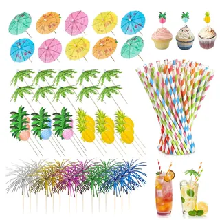 Cocktail Deko 140 Stück für Party, Cocktail Zubehör mit Cocktail Schirmchen Sommer Deko Bar Zubehör Hawaii Deko Strohhalme Wiederverwendbar für Beach Party und Gartenparty