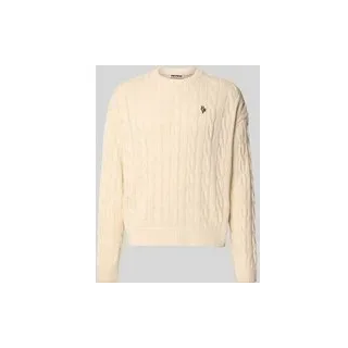 Strickpullover mit Zopfmuster und Label-Stitching, Ecru, XS