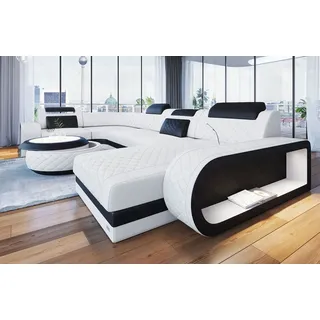 Sofa Dreams Wohnlandschaft Berlin U Form Mini Leder, Designersof, 6-Sitzer, LED-Beleuchtung, Couch, Kopfstützen, USB-Anschluss, Ottomane schwarz|weiß