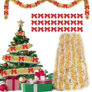 Tannengirlande 10m + 24pcs Weihnachtsschleifen Rot, Girlande Weihnachten Outdoor, Weihnachtsgirlande, Lametta Girlande Tannengrün, Lametta Weihnachtsbaum, Tannengirlande Künstlich, Christmas Garland