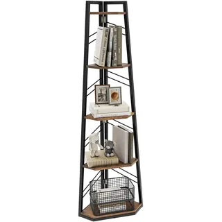 DWVO Eckregal 5 Ebenen, Eckbuchhandel mit Metallrahmen, Industrial Ladder -Bücherregal, Bodenständiges Displayregal, Hoher Speicherregal, für Wohnzimmer, Küche, Schlafzimmer, Vintagebraun Standregal