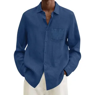 Baumwolle -Leinen-Hemd Herren Modische Langarm Regular Fit Button Down Hemd Shirts Casual Freizeithemd Stehkragenhemd Langarmhemd Strandhemd Herren