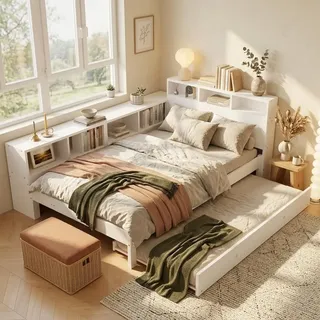 Merax Kinderbett Funktionsbett 120x200 cm mit Ausziehbett 90x190 cm, Holzbett mit Stauraumregal und Kopfteilablage, Jugendbett mit Ladestation, Weiß - Weiß