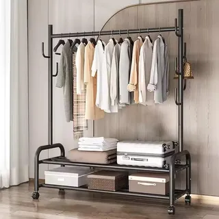 Schwerlast Kleiderständer Auf Rollen Metall Kleiderstange Multifunktionaler Mobiler Garderobenständer Mit Schuhregal Und 7 Haken for Schlafzimmer, Flur, 120/150 * 37 * 165cm