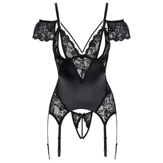 Cottelli LINGERIE Set: Corsage Straps-Corsage und String edler Satinglanz & Spitze - schwarz (1-tlg) Üppiger Kettenbesatz über Brüsten & Hüften schwarz L