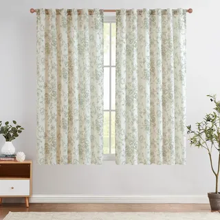 TOPICK Floral Gardinen Leinenoptik Vorhänge 2er Set H145xB140 Grün Beige | Lichtdurchlässig Gardinen Wohnzimmer boho landhausstil blickdicht Vorhänge Schlafzimmer mit Tunnel und verdeckten schlaufen
