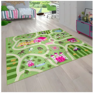 KADIMA DESIGN Kinderteppich waschmaschinenwaschbar Bauernhof‐Straßen Kinderzimmer Kinderteppich, Rechteckig, Höhe: 4 mm, 100% Polyester, Rücken aus Felt + Dots, Rechteckig, 160x220cm, Grün grün Rechteckig | 160 cm x 220 cm x 4 mm