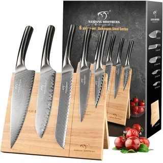 NANFANG BROTHERS 6-teiliges Damaszener-Stahl-Messerset VG10-Küchenmesserset mit magnetischem Holzhalter