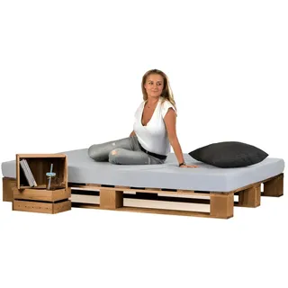 sunnypillow Palettenbett Massivholzbett 80 90 100 120 140 160 180 200 220 240 x 200 cm, 200x200 cm Eiche orange 200 cm