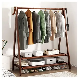 BEARQUN Kleiderständer Massivholz - Garderobenständer Holz mit Schuhregal, 2 Kleiderhaken - Faltbarer kleiderständer - Stabil und Robust - H 150cm