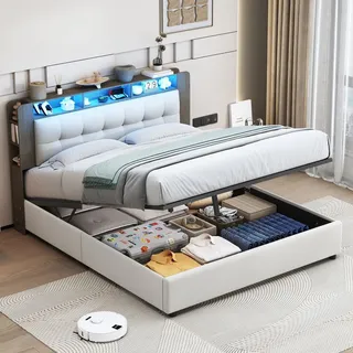 Polsterbett 140x200cm, Doppelbett mit Stauraum und Lattenrost, LED Kopfteil mit Ladefunktion, Stauraumbett Funktionsbetten Rückenlehne Bettgestell... - Weiß