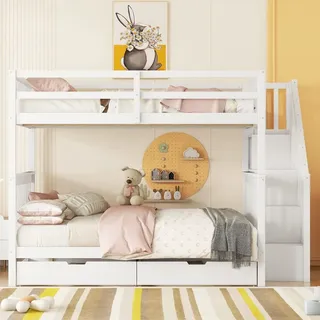 Kinderbett Etagenbett 140x200cm (Ohne Matratze) Treppenregal ausgestattet hohe Geländer weiß Elegantes Design mit zwei Schubladen - Weiß