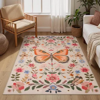 Sedefen Teppich Beige Blumen Schmetterling Rutschfester Waschbarer Flur Teppich Läufer 80x150 cm Flauschig Teppich Mädchen Wohnzimmer Schlafzimmer Kinderzimmer Küche