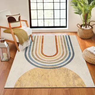 livabliss Asuncion Teppich 160x213 cm – Waschbarer Boho Orientalteppich für Wohnzimmer & Schlafzimmer – Kurzflor in Elfenbein & Gelb