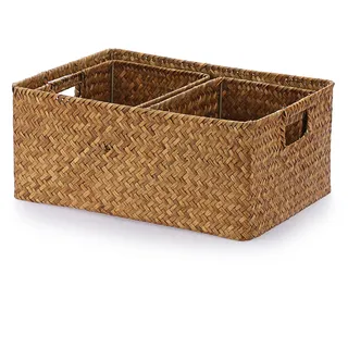 TOLIDA 3er Gewebter Seegras Körb Set, Rattankorb mit Griff, Natürliches Geflochtener Regalkörb zum Organisieren von Spielzeug Kleidung Obst für Kleiderschrank Wohnzimmer
