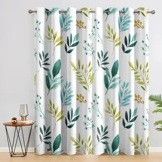 Generisch Blickdichte Vorhänge Botanisches Blätter Muster, H 220 x B 140 2er Set - Aquarell Bauernhaus Floral Fenster Gardinen mit Ösen, 220 cm Lang Curtains Wohnzimmer Schlafzimmer Deko LS#281