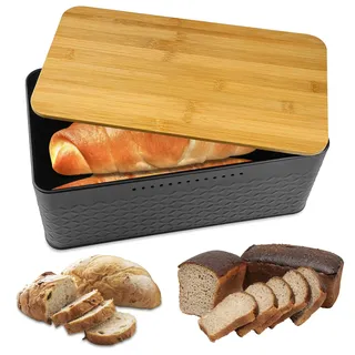 Firschoie Brotkasten, Brotbox mit Bambusabdeckung, Kann als Schneidebrett verwendet werden, Langanhaltende Frische, Brot-Box Zur Aufbewahrung von Brot, Keksen, Eiern (33 x 18 x 13,5 cm Schwarz)
