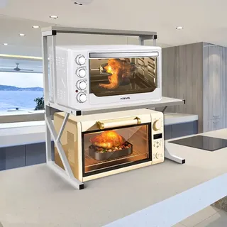 Supfine Mikrowellen Regal Halterung Mikrowellen 2-Stufiges Mikrowellenhalter, Gewürzregal Küchen Racks mit Haken, Stabilität, Mikrowellenhalter Organizer (2 Etagen,Weiß)