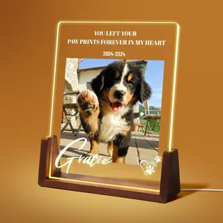 Jodimitty Personalisiert Haustier Gedenktafel aus Acryl, optionales LED-Licht und Holzsockel, mit Foto und Text, Gedenkgeschenke Bilderrahmen Andenken an verstorbenen Hund Katze (Stil A)