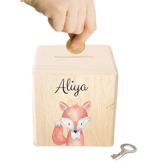 wunderwunsch Personalisierte Kinderspardose, Spardose, Fuchs | Holzspardose Kinder personalisiert, Taufgeschenke für Kind, Baby Geschenk Geburt, Holz Sparschwein