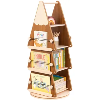 OOOK Drehbares Bücherregal aus Kiefernholz, 360 Grad Bücherregal Drehbar mit 4 Ebenen, Baum Drehregal Standregal für Kinder und Erwachsene, Multifunktionales Bücherschrank für Wohnzimmer