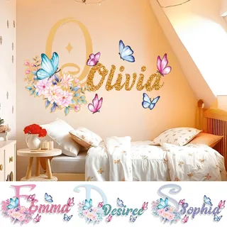 AdesiivoStudio Blumen und Schmetterlinge Namensaufkleber Kinder - Personalisierter Aufkleber mit Namen & Initiale, Wandtattoo Kinderzimmer, Glitzereffekt, Aufkleber selbst gestalten