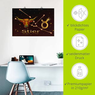 Poster ARTLAND "Sternzeichen - Stier", gold (farbe bild(er): goldfarben), B:60cm H:40cm, Bilder, Poster, ohne Rahmen